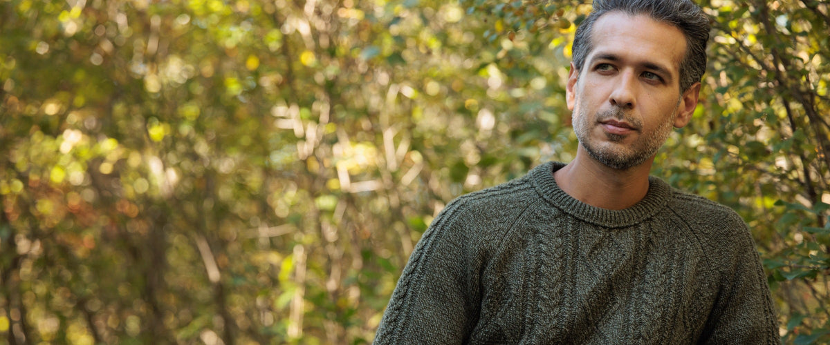The Ross 4-ply Scottish lambswool cable knit crewneck in Bracken, homepage hero