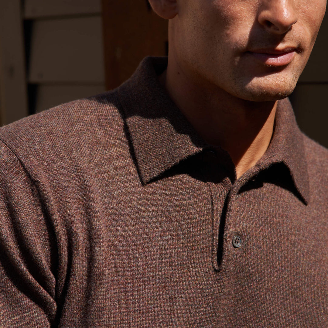 Billie Todd 100% Cashmere Two-Ply Long Sleeve Polo Sweater Made in Scotland#color_beachwood