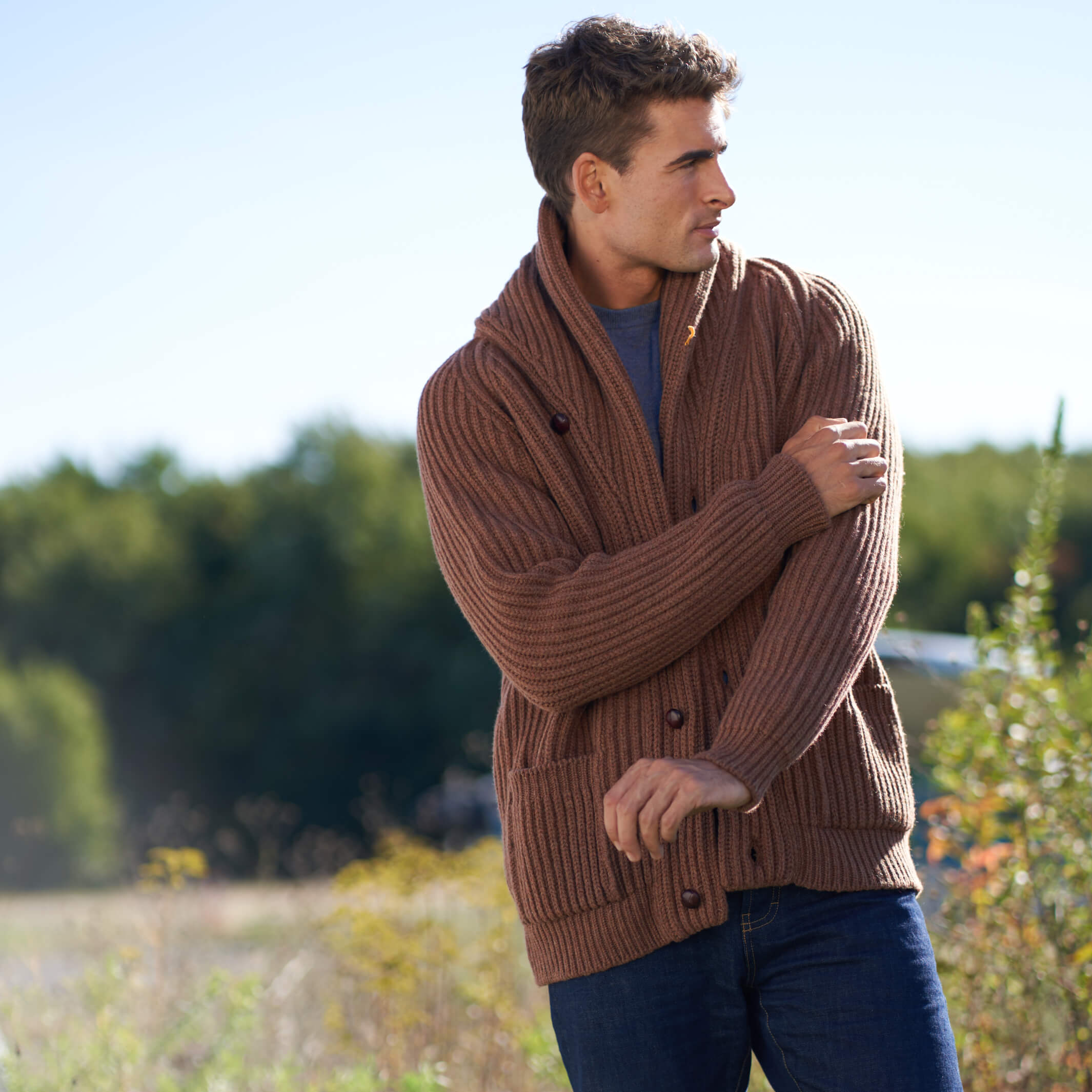 Billie Todd 100% Lambswool Shawl Cardigan Made in Scotland#color_hazelnut