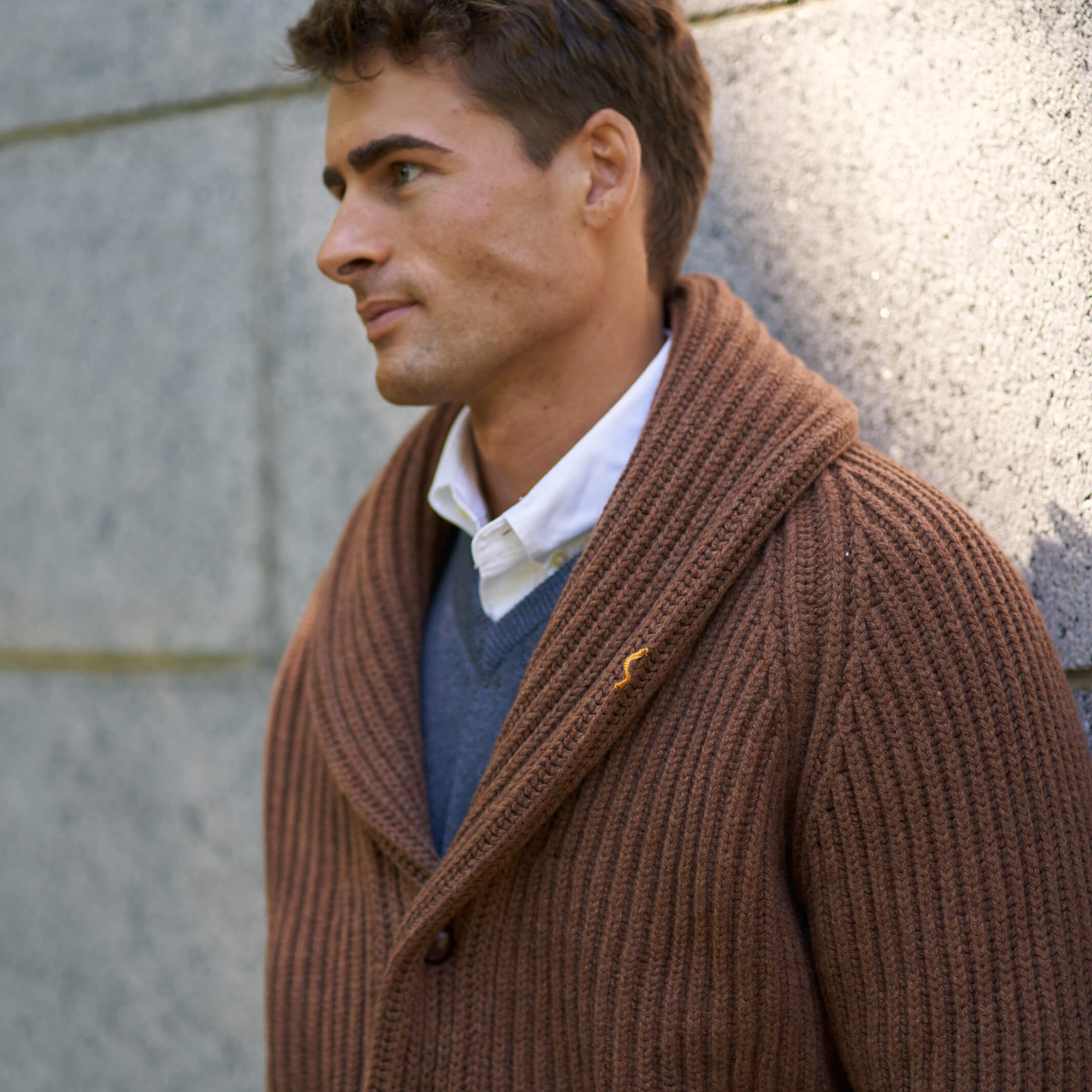Billie Todd 100% Lambswool Shawl Cardigan Made in Scotland#color_hazelnut