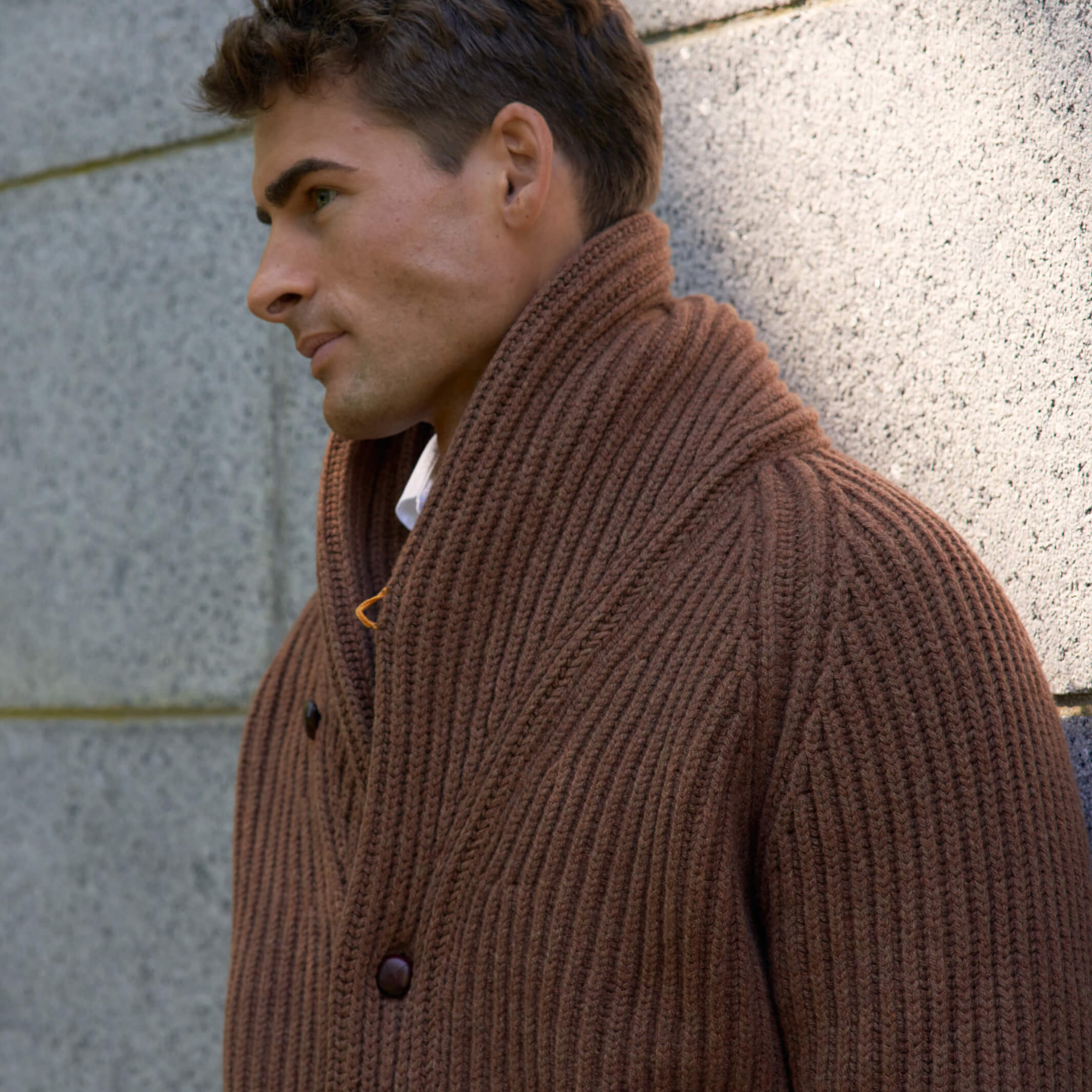 Billie Todd 100% Lambswool Shawl Cardigan Made in Scotland#color_hazelnut
